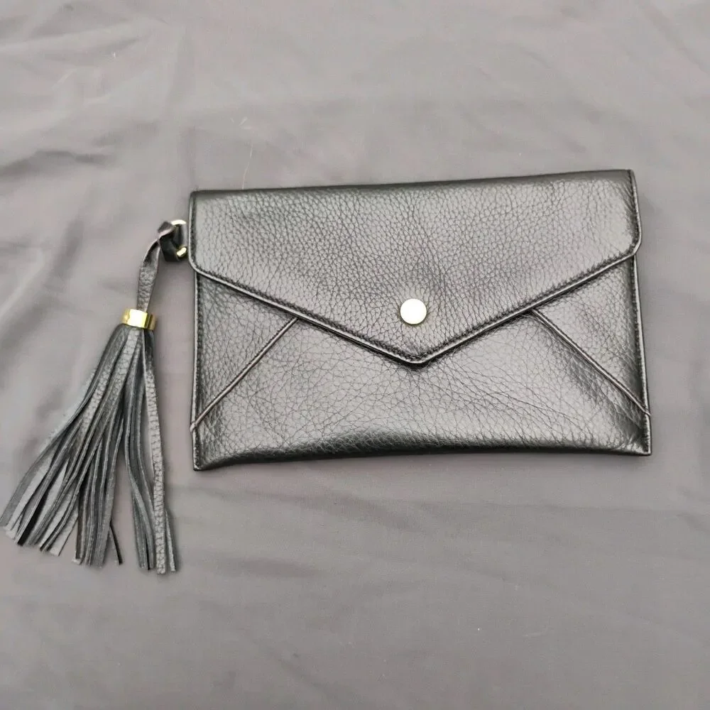 Isaac Mizrahi Black Pebbled Leather Envelope Flap Clutch Wallet Large Tassel
